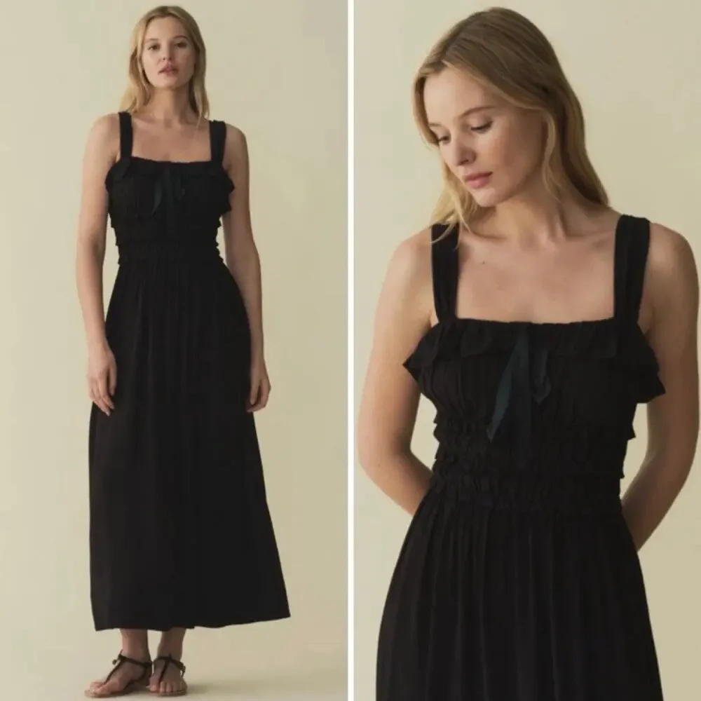 DÔEN Carolynn Crepe Smocked Midi Dress Black - Picture 1 of 15